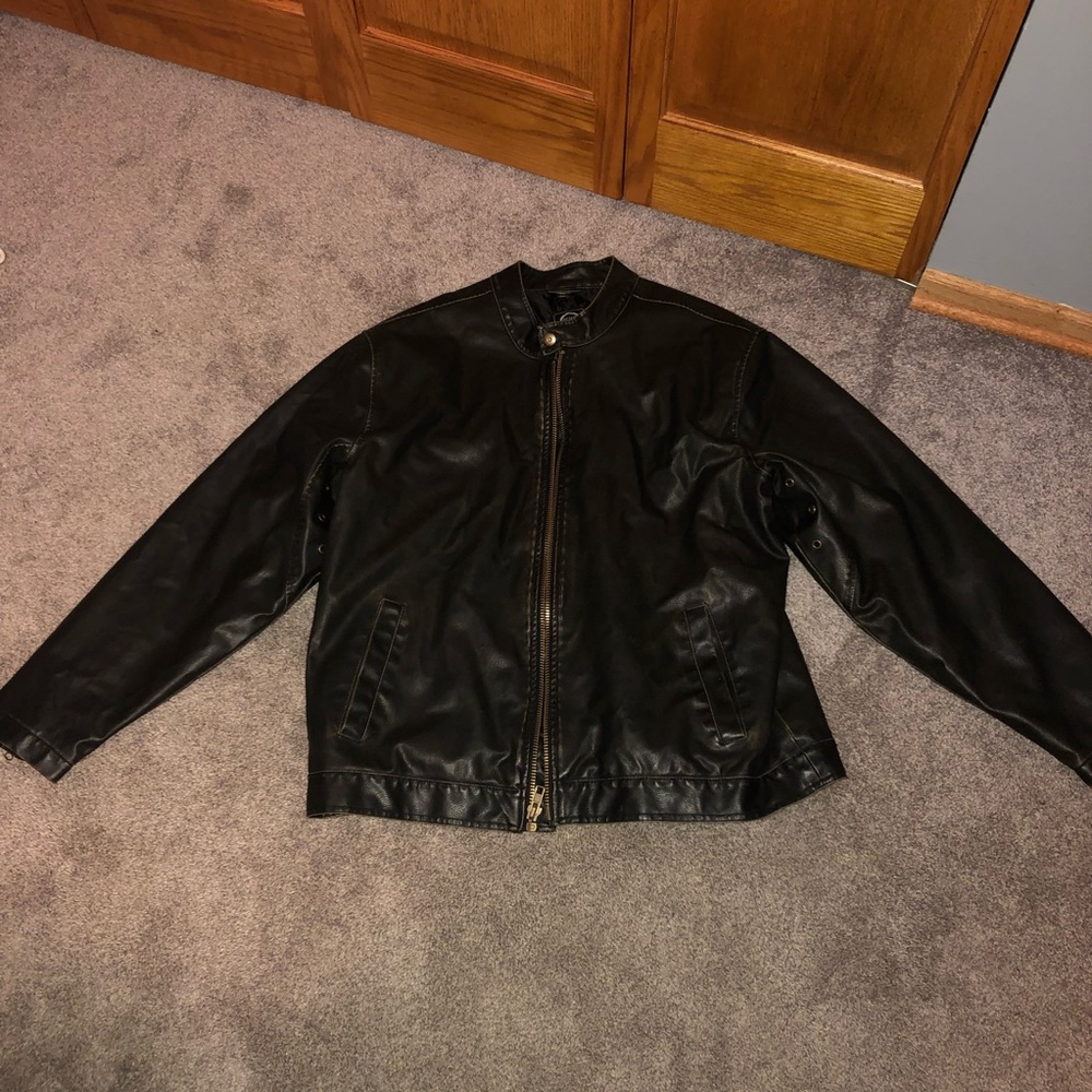 Faux leather biker jacket.